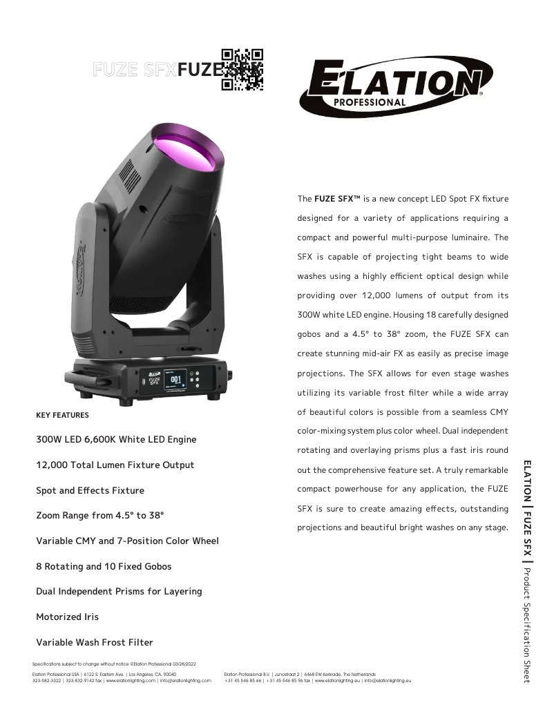 Page 1 de la notice Fiche technique Elation Fuze SFX WH