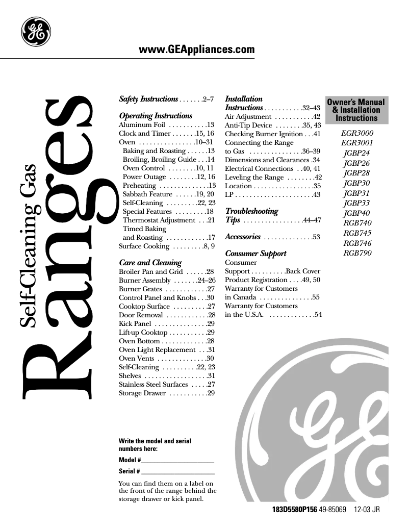 Image de la première page du manuel de l'appareil JGBP40BEHWH