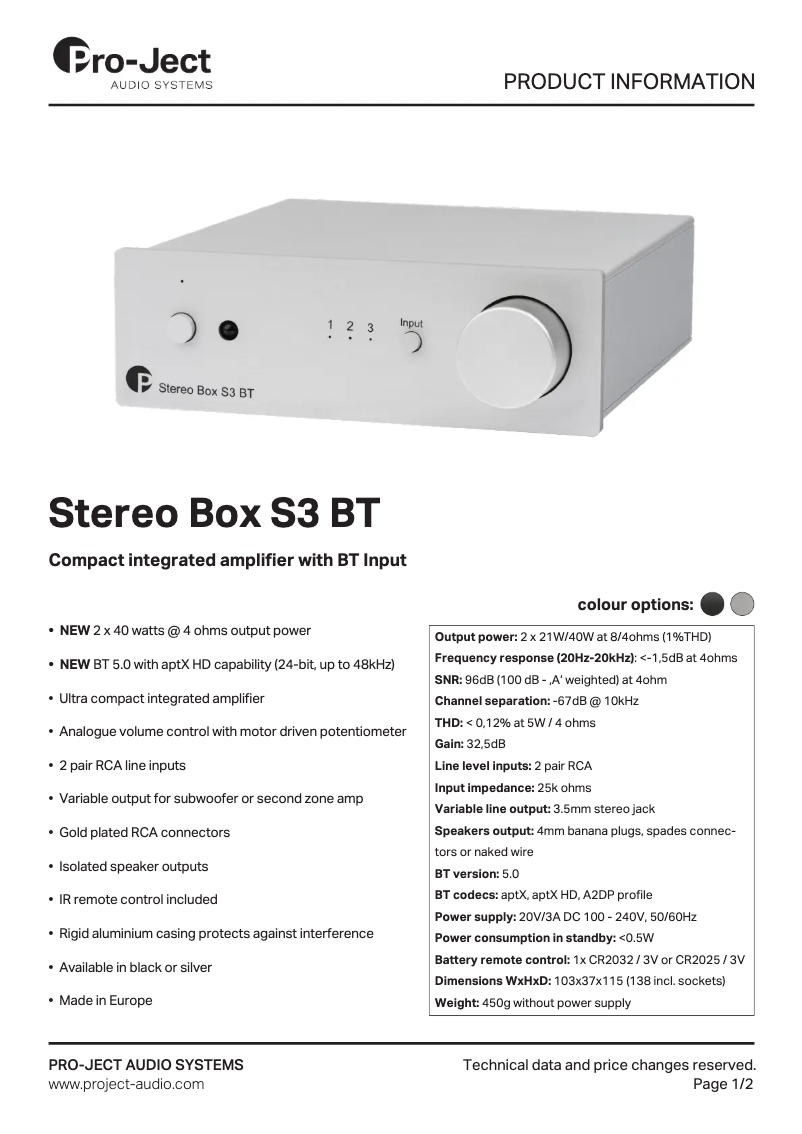 Page 1 de la notice Fiche technique Pro-Ject Stereo Box S3 BT