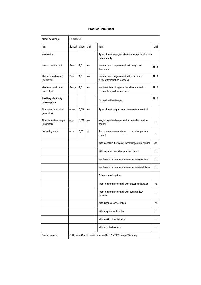 Page n°1 - Fiche technique Bomann HL 1096 CB