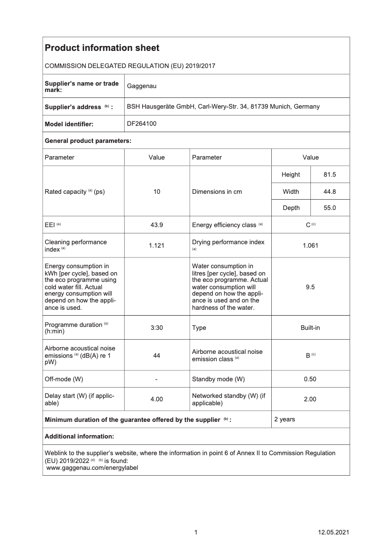 Page 1 de la notice Fiche technique Gaggenau DF264100