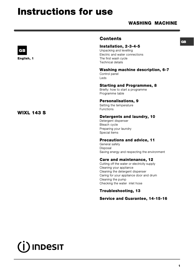 Image de la première page du manuel de l'appareil WIXL143S