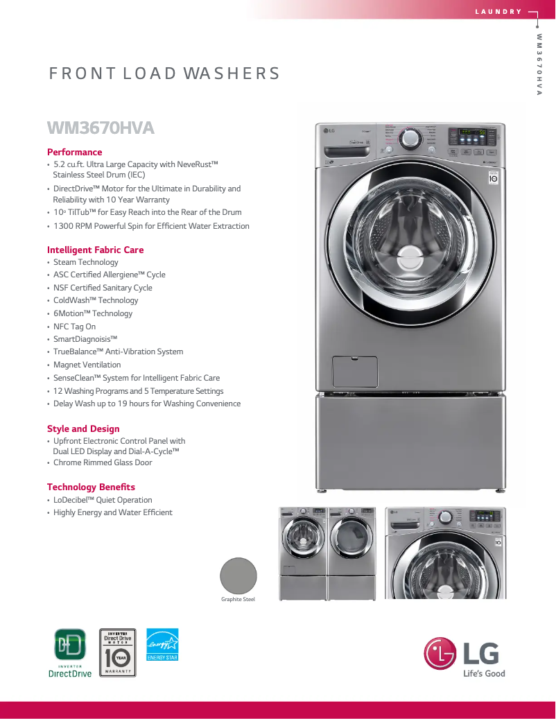 Page 1 de la notice Fiche technique LG WM3670HVA