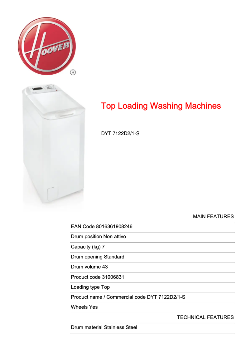 Página 1 del manual Ficha técnica Hoover DYT 7122D2/1