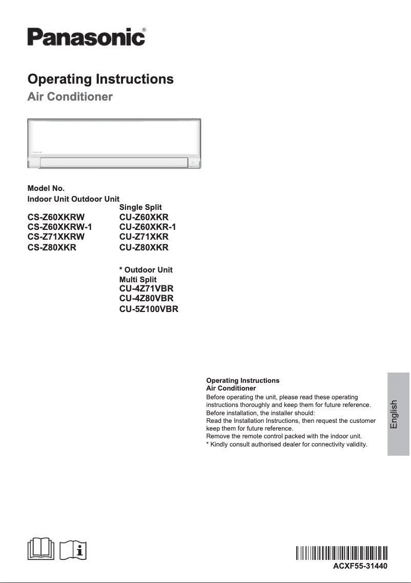 Page 1 de la notice Manuel utilisateur Panasonic CU-Z60XKR