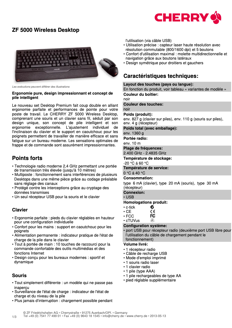Page 1 de la notice Fiche technique Cherry ZF 5000