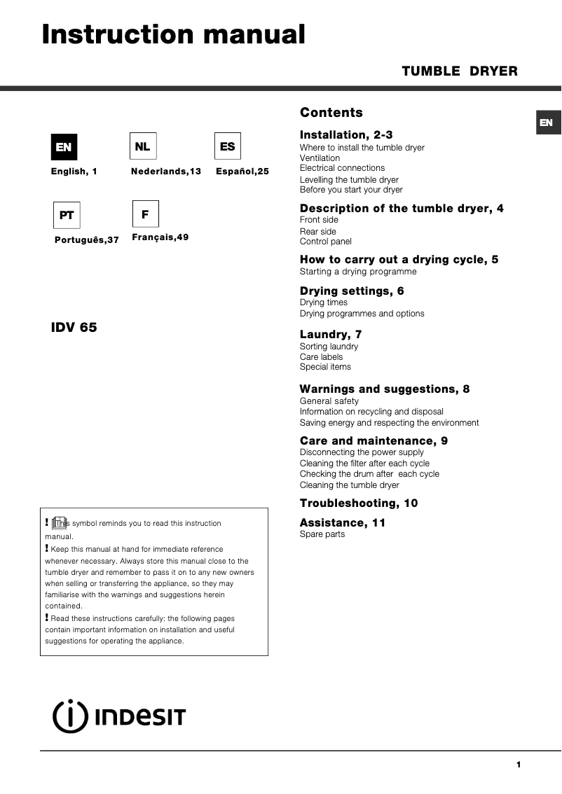 Page 1 de la notice Manuel utilisateur Indesit IDV 65