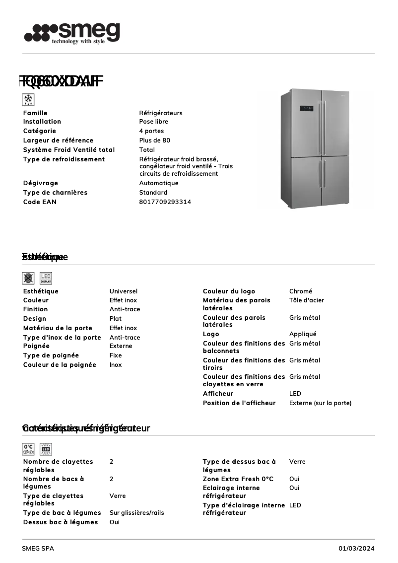 Page 1 de la notice Fiche technique Smeg FQ60XDAIF