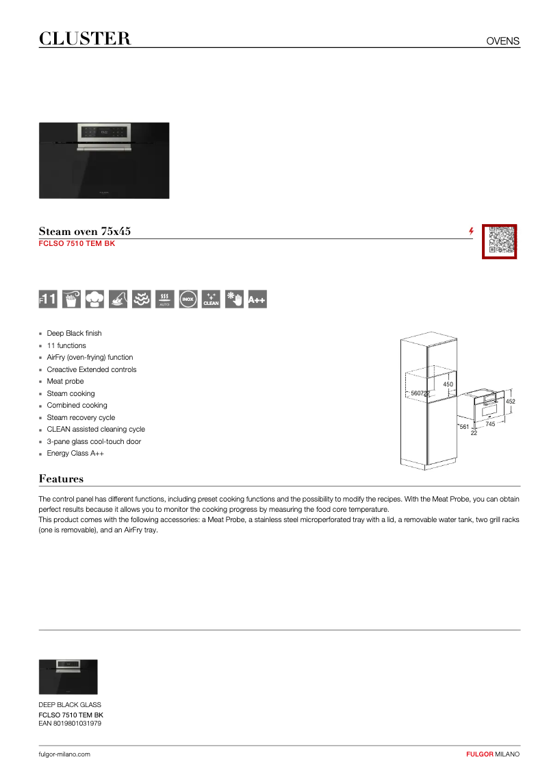 Page 1 de la notice Fiche technique Fulgor Milano FCLSO 7510 TEM BK
