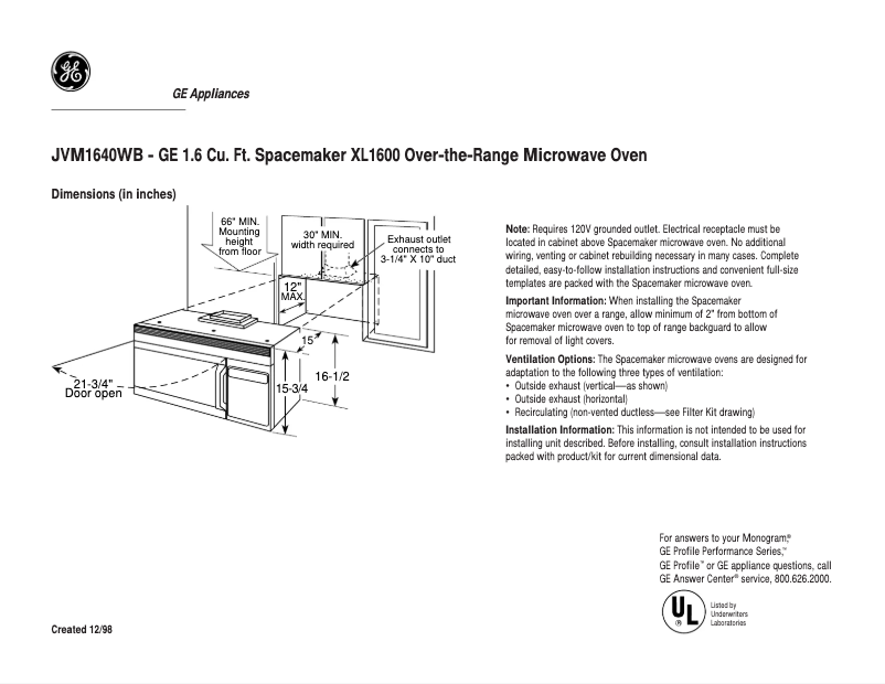 Page n°1 - Fiche technique GE JVM1640WB