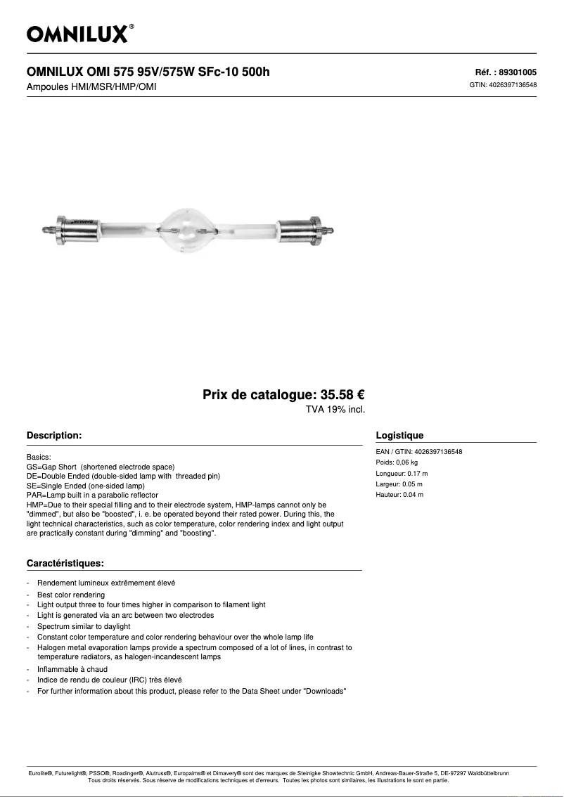 Page 1 de la notice Fiche technique Omnilux OMI 575