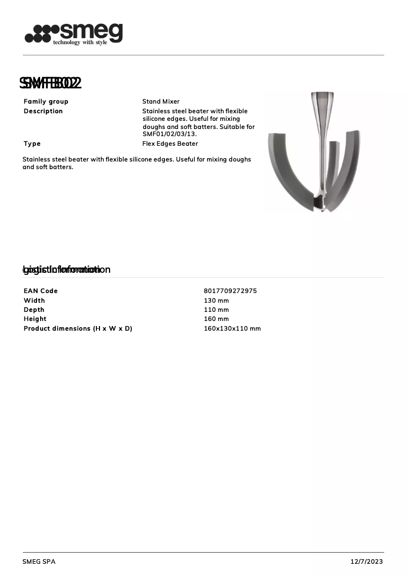 Page n°1 - Fiche technique Smeg SMFB02