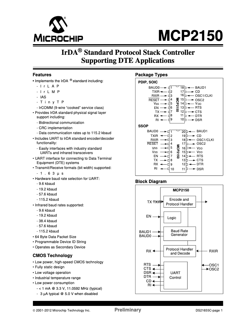 Page 1 de la notice Fiche technique Microchip MCP2150