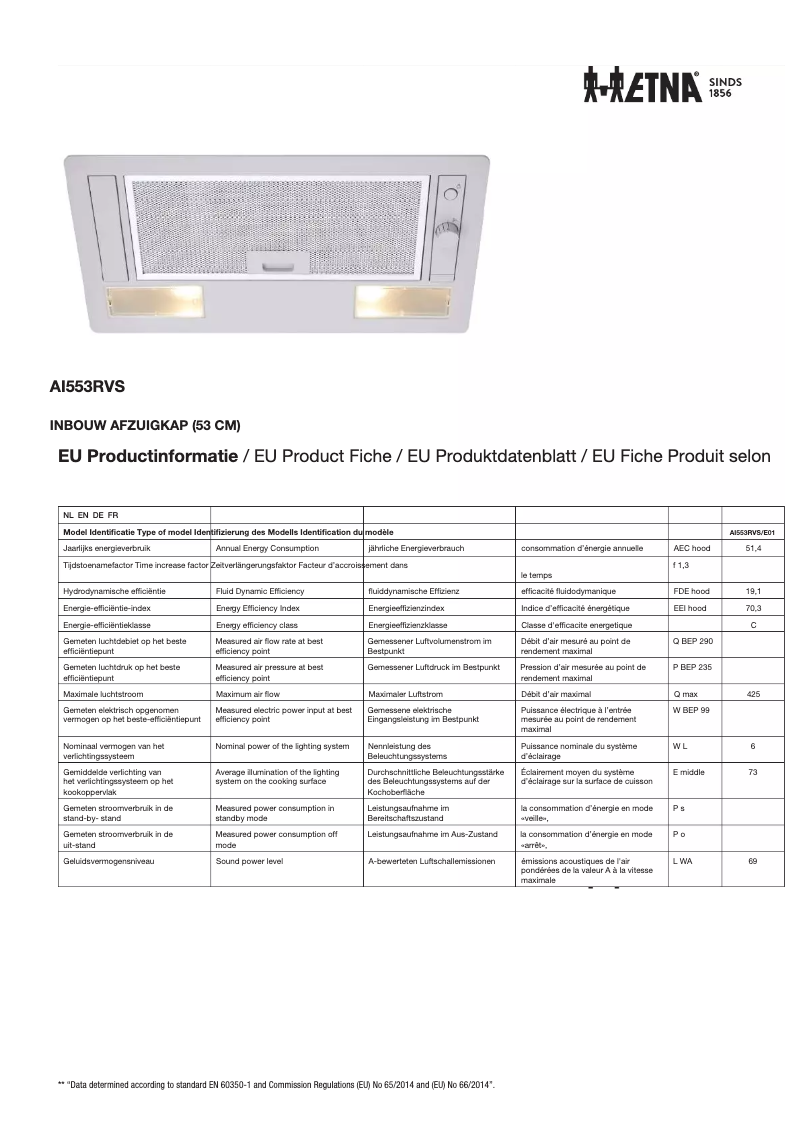 Page 1 de la notice Fiche technique Etna AI553RVS