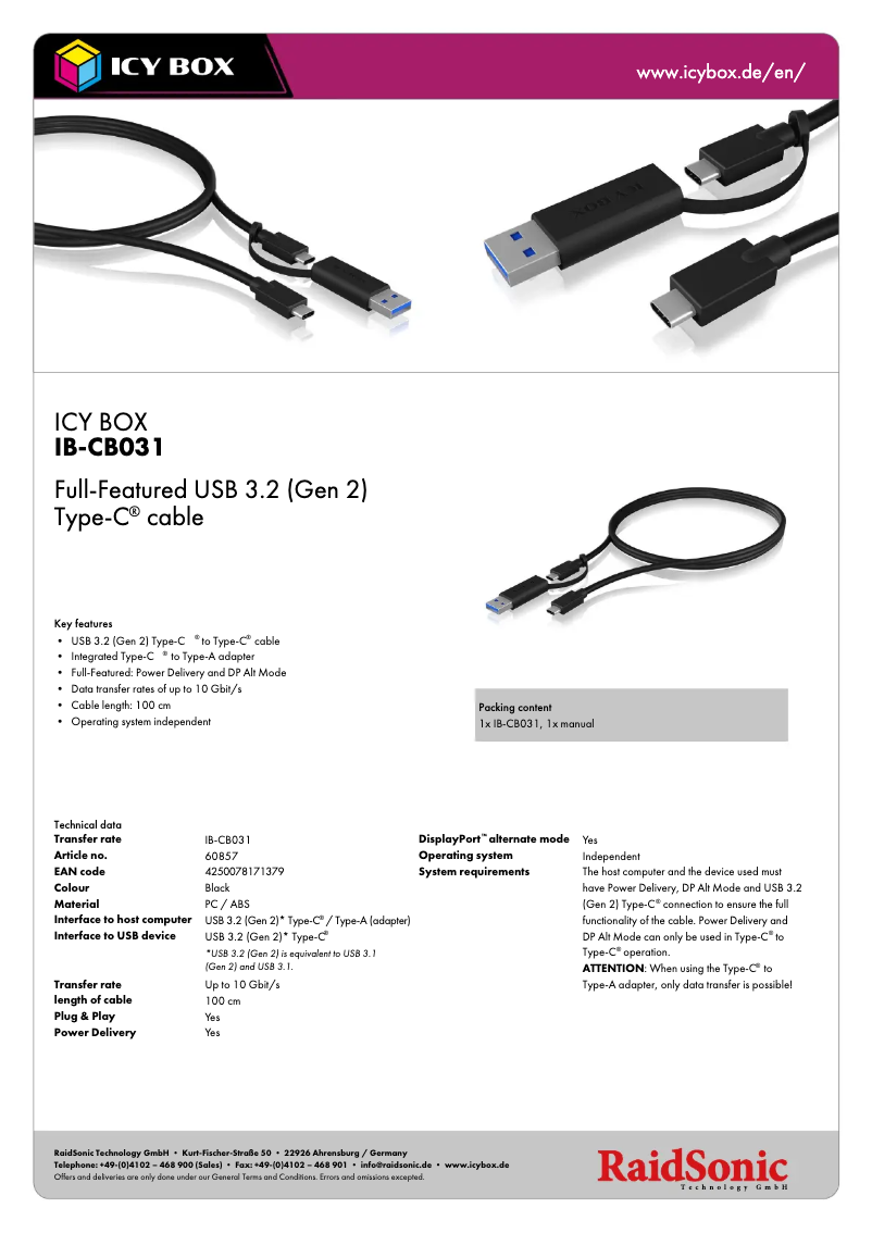 Página 1 del manual Ficha técnica Icy Box IB-CB031