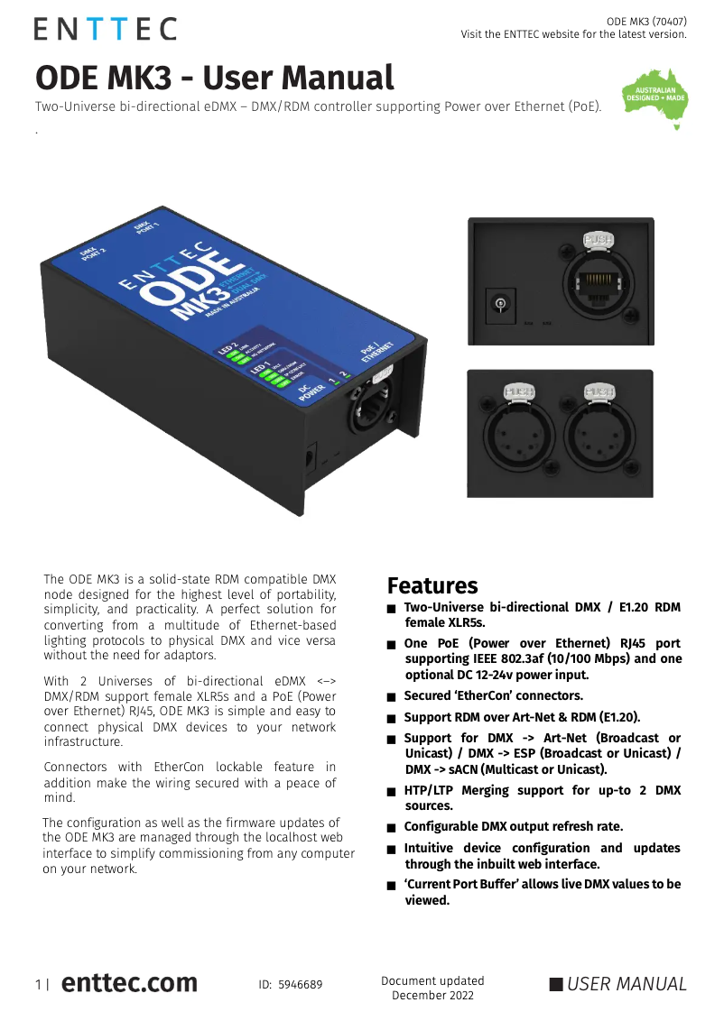 Página 1 del manual Manual de usuario Enttec ODE Mk3