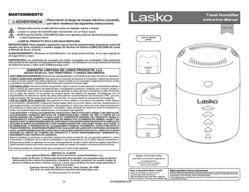 Page n°1 - Manuel utilisateur Lasko Ultrasonic Travel UH150
