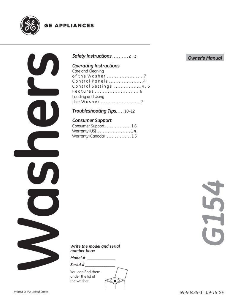 Page 1 de la notice Manuel d'utilisation et d'entretien GE GCWN2800DWW