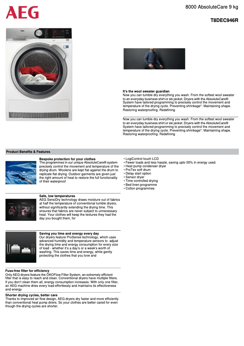 Página 1 del manual Ficha técnica AEG T8DEC946R