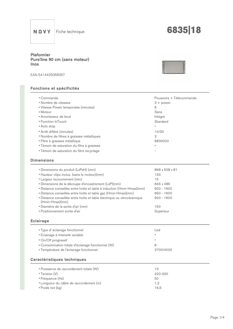 Page 1 de la notice Fiche technique Novy Pure'line 6835