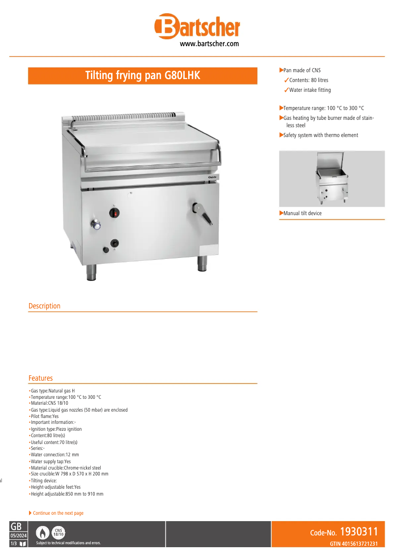 Page n°1 - Manuel utilisateur Bartscher G80LHK