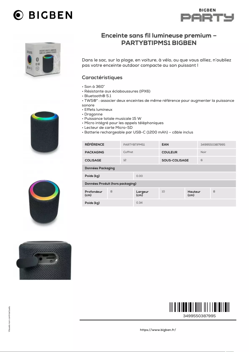 Page 1 de la notice Fiche technique Bigben PARTYBTIPMS1