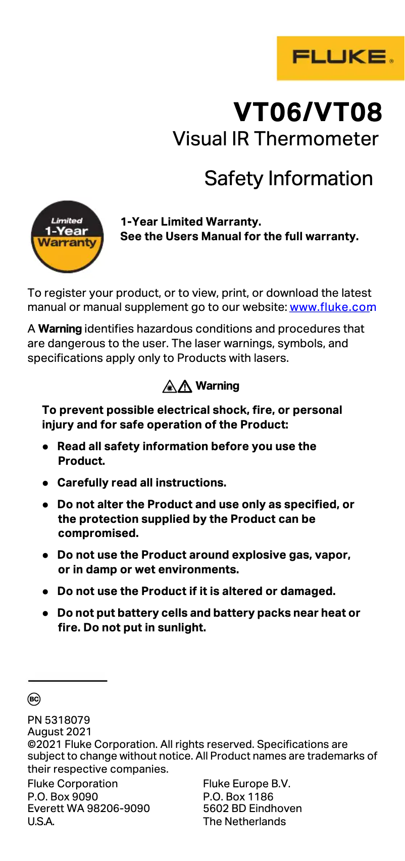 Página 1 del manual Instrucciones de seguridad Fluke VT06