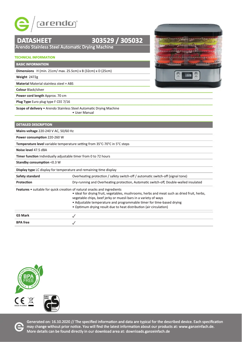 Page 1 de la notice Fiche technique Arendo 303529