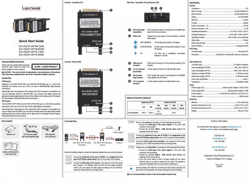 Page 1 de la notice Manuel utilisateur Lightware DVI-HDCP-OPTM-RX90