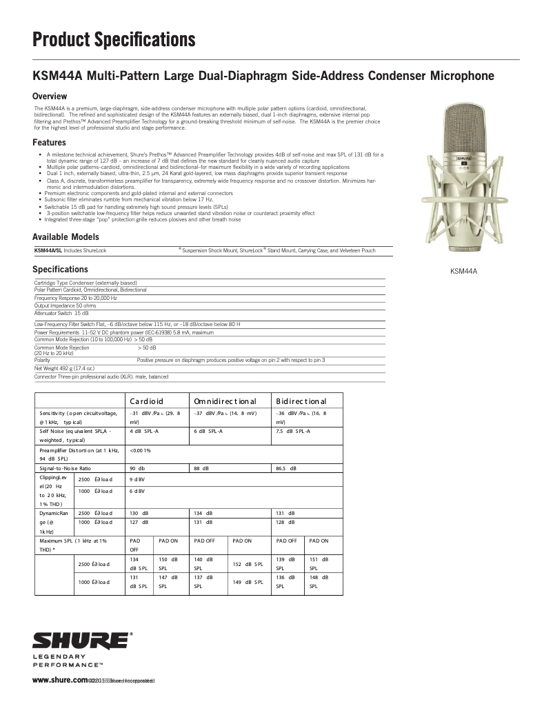 Page 1 de la notice Fiche technique Shure KSM44A