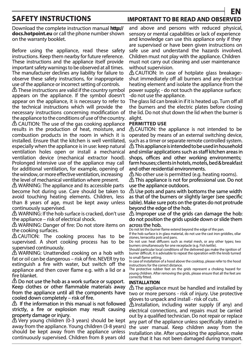 Page 1 de la notice Instructions / montage Hotpoint PPH 60P F IX UK