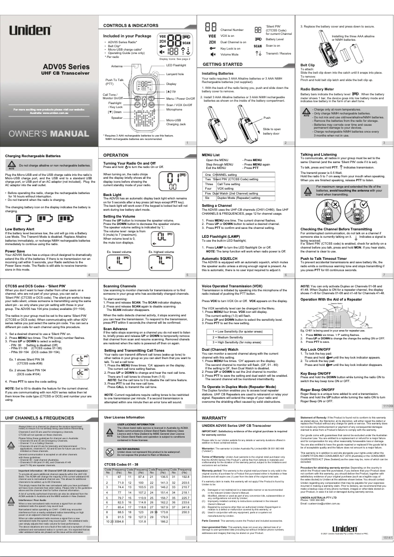 Page n°1 - Manuel utilisateur Uniden ADV05-2