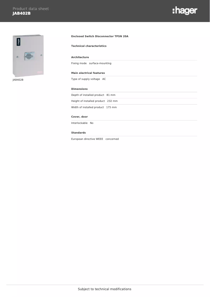 Page 1 de la notice Manuel utilisateur Hager JAB402B