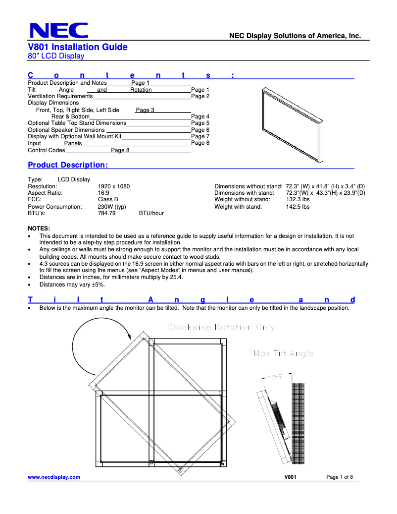 Image de la première page du manuel de l'appareil MultiSync V801-AVT