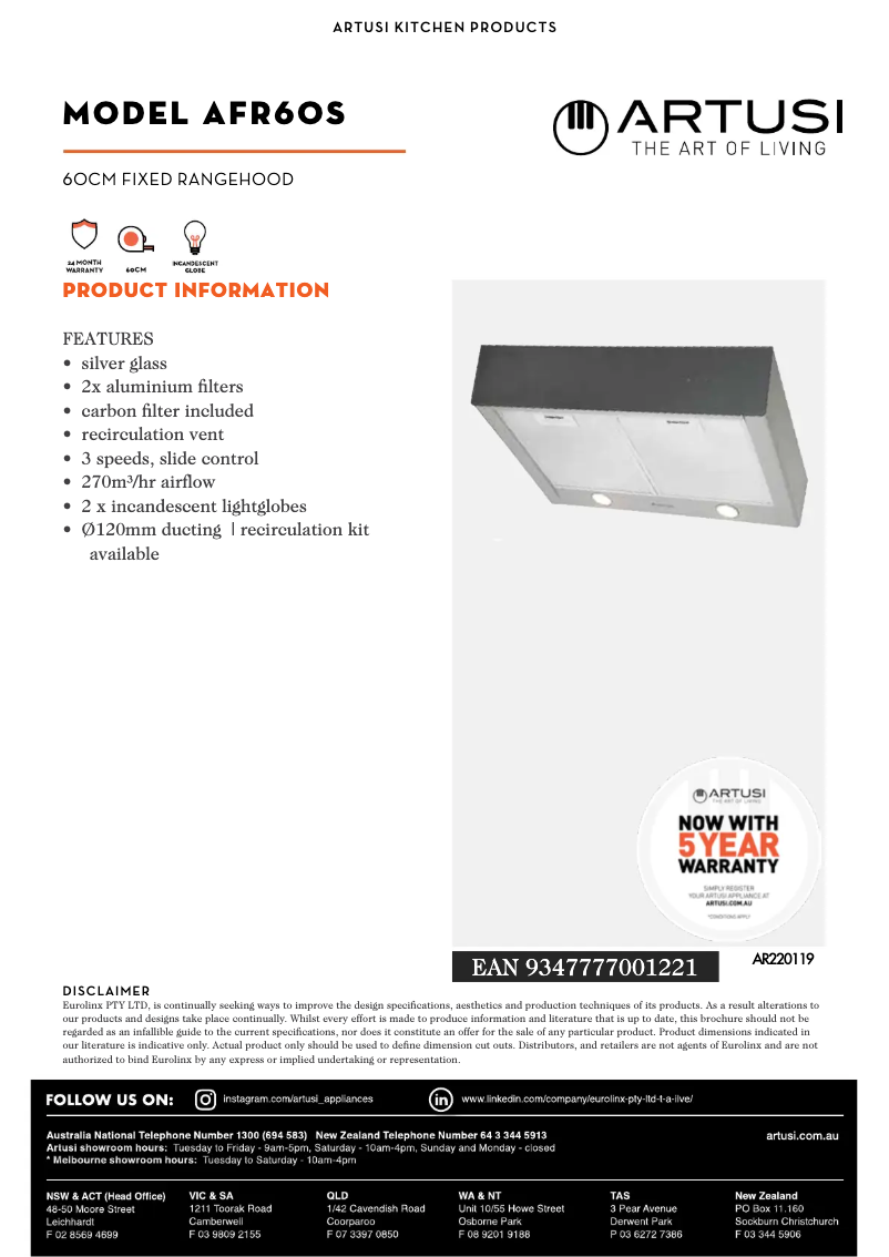 Page 1 de la notice Fiche technique Artusi AFR60S