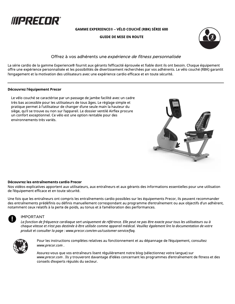 Page 1 de la notice Manuel utilisateur Precor RBK 600