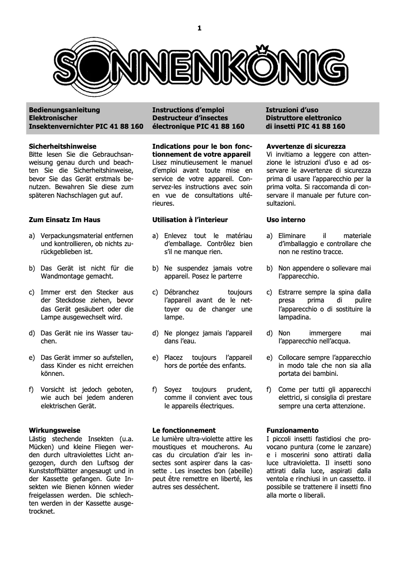 Page 1 de la notice Manuel utilisateur Sonnenkönig PIC 88