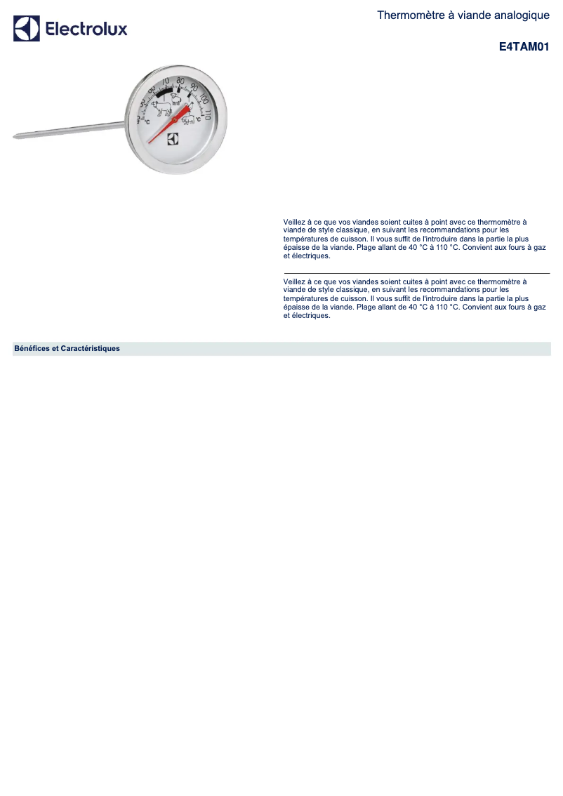 Page 1 de la notice Fiche technique Electrolux E4TAM01