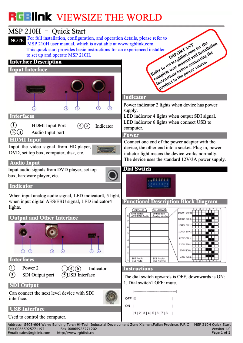 Page n°1 - Manuel utilisateur RGBlink MSP 210H