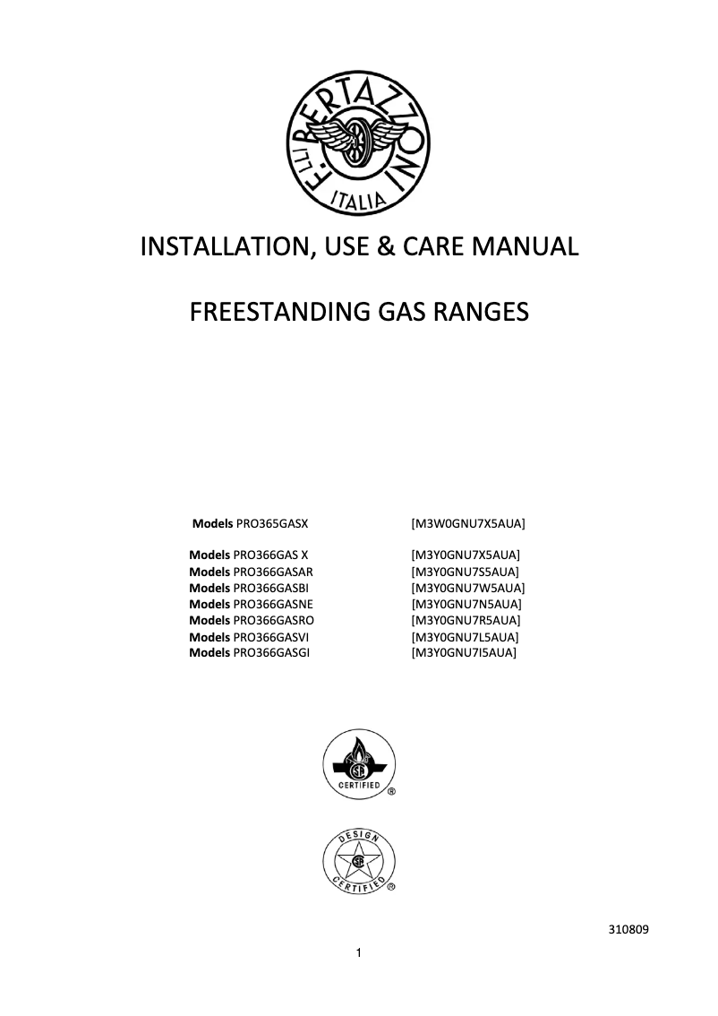 Page 1 de la notice Manuel utilisateur Bertazzoni PRO36 6 GAS RO
