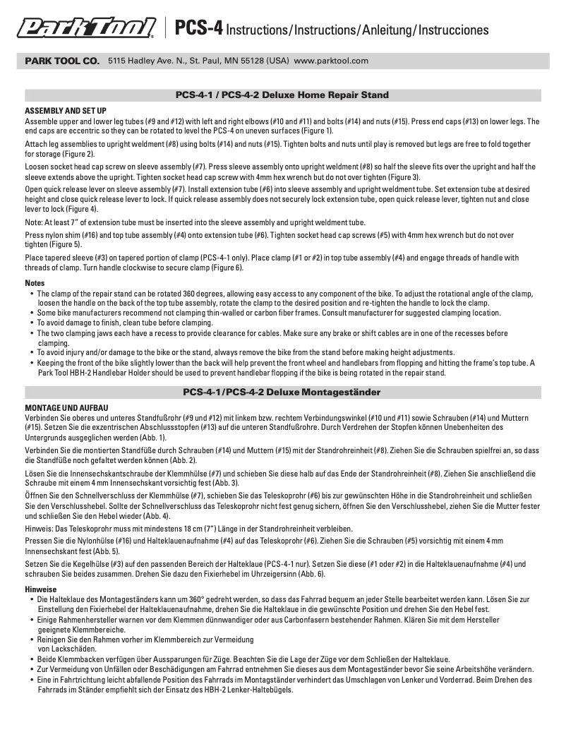 Page n°1 - Manuel utilisateur Park Tool PCS-4