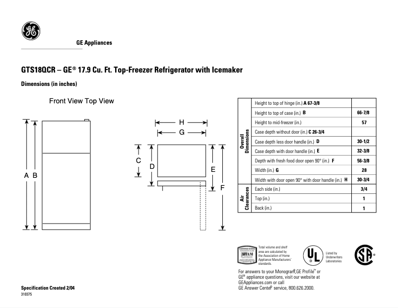 Page 1 de la notice Fiche technique GE GTS18QCRCC