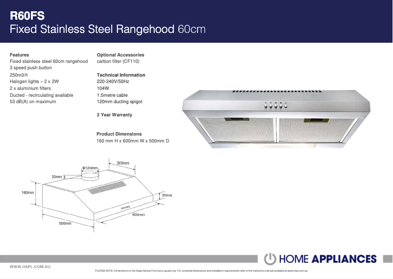 Page 1 de la notice Fiche technique ARC R60FS