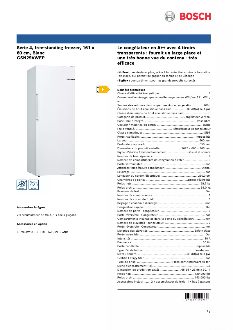 Page 1 de la notice Fiche technique Bosch GSN29VWEP