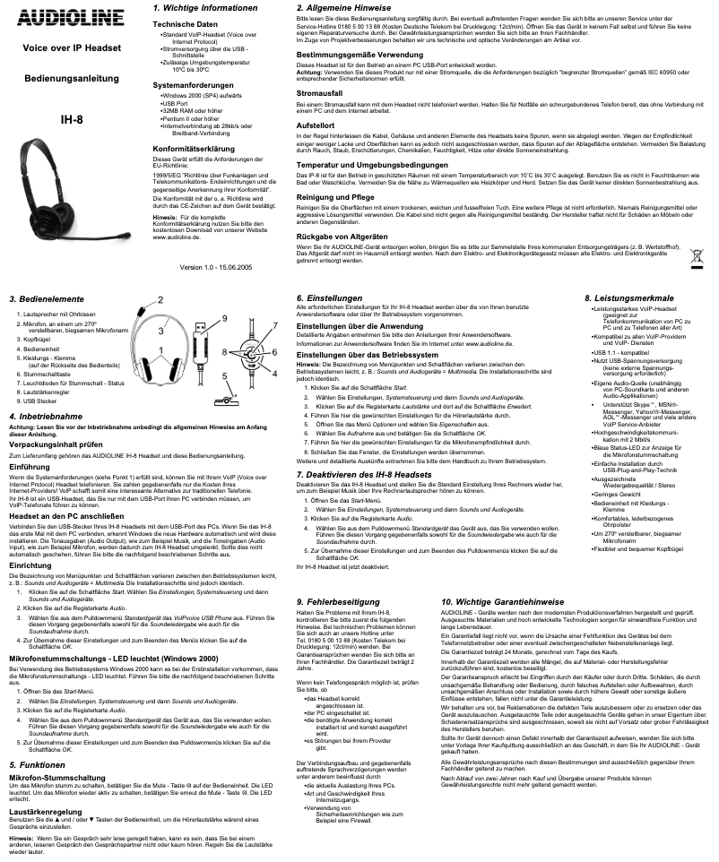 Page 1 de la notice Manuel utilisateur Audioline IH 8