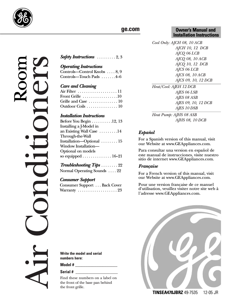 Page n°1 - Manuel d'utilisation et d'entretien GE AJCS08AZ