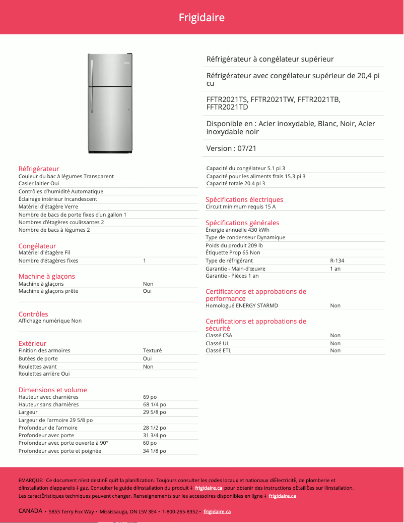 Page n°1 - Fiche technique Frigidaire FFTR2021TW