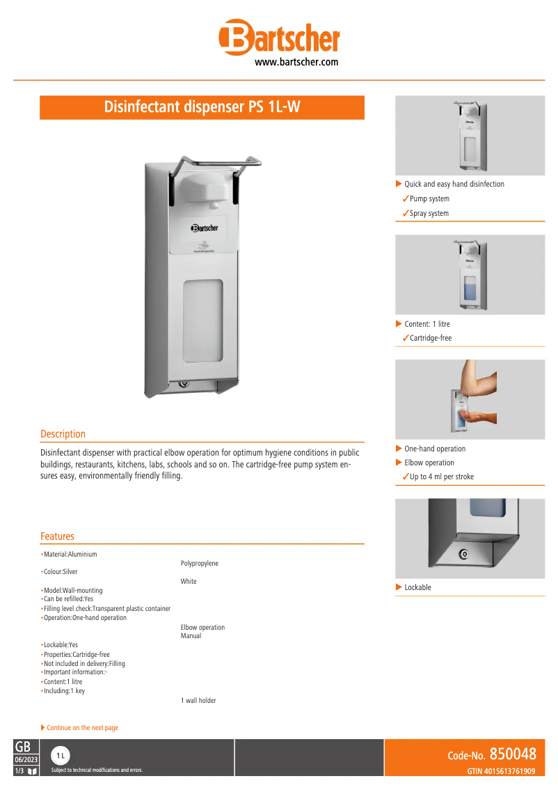 Page n°1 - Fiche technique Bartscher PS 1L-W