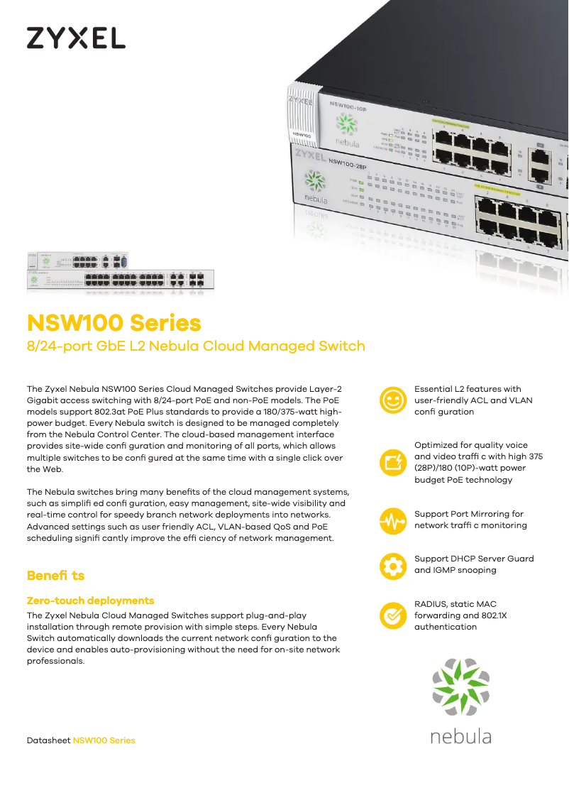 Page 1 de la notice Fiche technique ZyXEL NSW100-28P