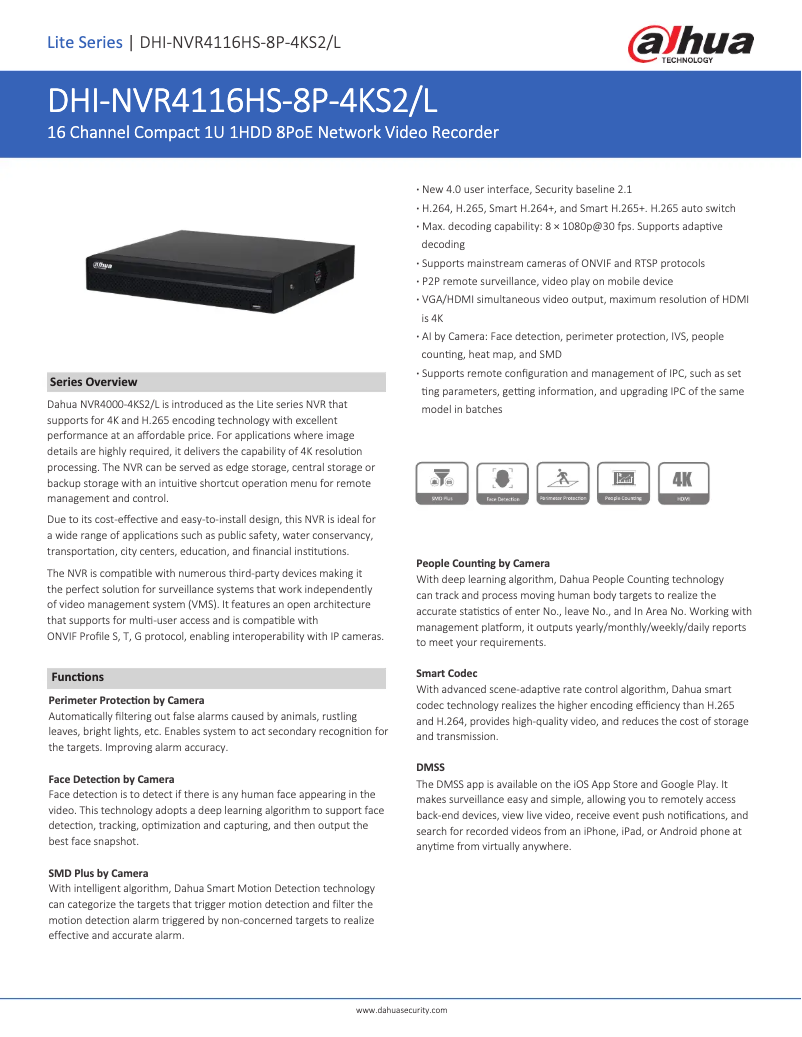 Page n°1 - Fiche technique Dahua Technology NVR4116HS-8P-4KS2/L
